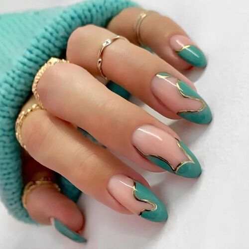1pcs Faux Ongles À Ongles (Jp1981-B3 Menthe Green Gold Line Wave [Type De Colle])Beauté Et Santé 