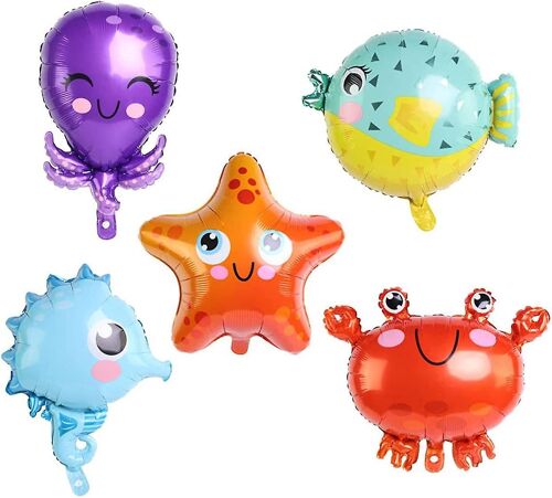 5 pièces dessins animés océan animaux fleuret ballon grande étoile de mer crabe poisson-globe hippocampe poulpe tropical créatures marines mylar ballons décoration de fête