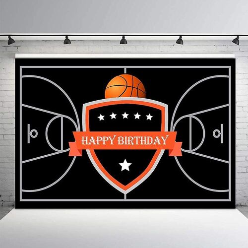 Thème basketball Joyeux anniversaire Photographie Toile de fond Décoration de fête Noir Terrain de basket-ball Stars Bannière Photo Studio Arrière-plan 7x5ft