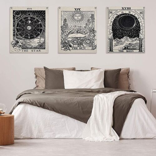 3 pièces Tapisseries de cartes de tarot Le soleil La lune Les tapisseries d¿étoiles Europe médiévale Tapisseries divinatoires Accrochage mural Tapisseries mystérieuses avec grom