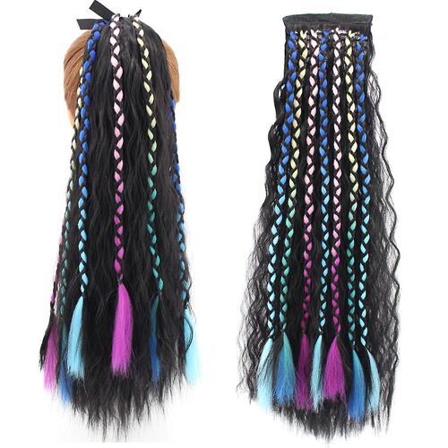 Clip De 24 Pouces Dans L'extension Longue Queue De Cheval Corn Wave Avec Tresses Colorées Enveloppant Long Ondulé Bouclé Pony Tail Hair Fluffy Synthetic Hairhear Avec Cheveux 