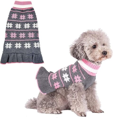 Mode Chien Pull Robe Col Roulé Chiens Pull Tricoter Avec Trou De Laisse Automne Hiver Pull Chien Chaud Mignon (Xs3-5lbs, (Flocon De Neige) Gris)
