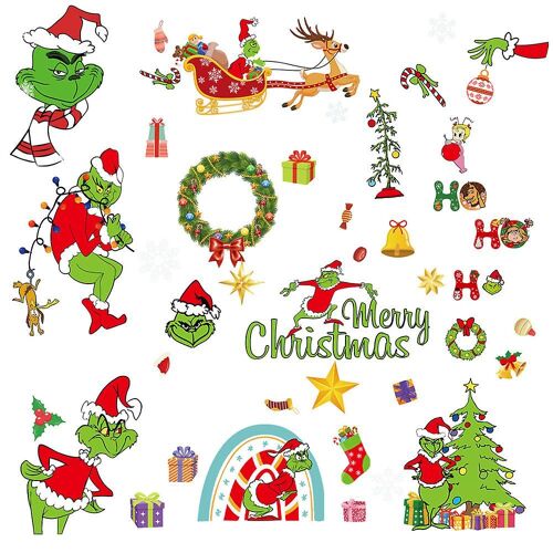 Noël Le Grinch Fenêtre S'accroche Autocollants Noël Double face Décalcomanies de fenêtre Home School Party Décors Fournitures
