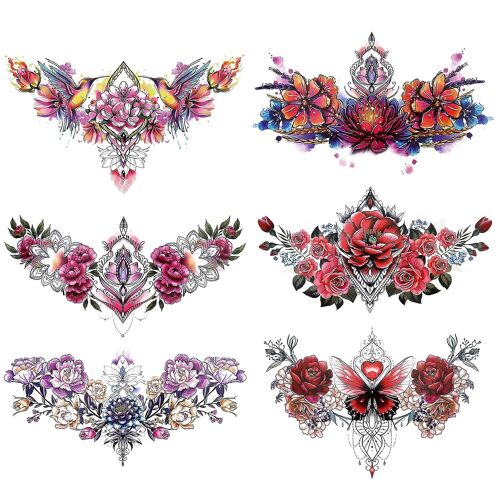 6 Pcs, Poitrine Colorée Tatouages Temporaires Pour Les Femmes Filles, Bijou De Fleur De Rose Faux Tatouages Pour Les Femmes Tatouages Sexy Durent Longtemps Réaliste 