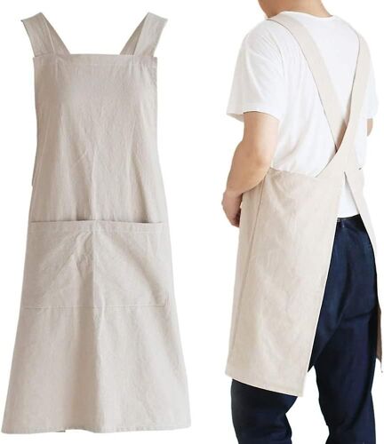Croix de lin japonais Arrière Cuisine Tabliers de cuisine pour hommes avec des poches pour la cuisson Peinture Jardinage Nettoyage Kaki