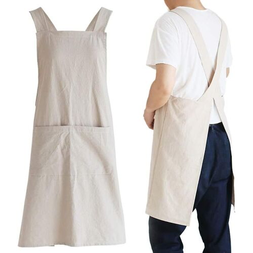 Croix de lin japonais Arrière Cuisine Tabliers de cuisine pour hommes avec des poches pour la cuisson Peinture Jardinage Nettoyage Kaki
