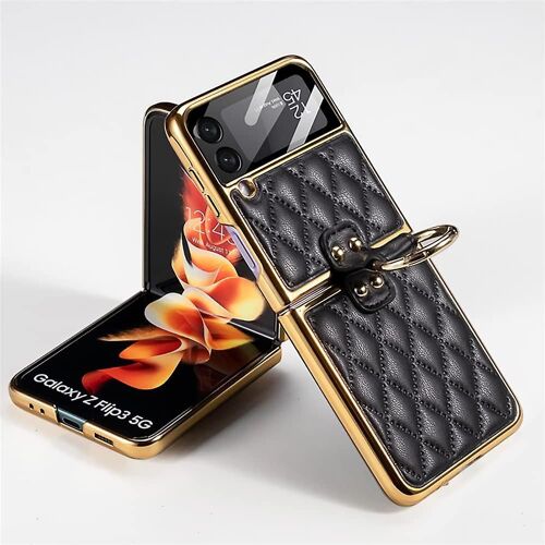 Pour Z Flip3 5g 2021 avec support de bague placage Housse en cuir de luxe compatible avec Samsung Galaxy Z Flip 3 5g étui intégré protecteur d¿écran de caméra Sta