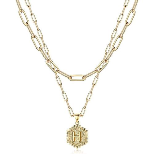 Délicat Colliers Initiaux Stratifiés Pour Femmes, 14k Or Plaqué Paperclip Chaîne Collier Simple Mignon Hexagon Lettre Pendentif Initial Choker Collier Or L