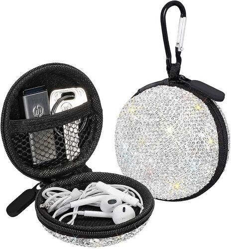 Étui pour écouteurs Écouteurs Petits étuis de transport Bling Strass Crystal Portable Headphone Organizer Sac de poche de rangement avec mousqueton 1 Pack (blanc)