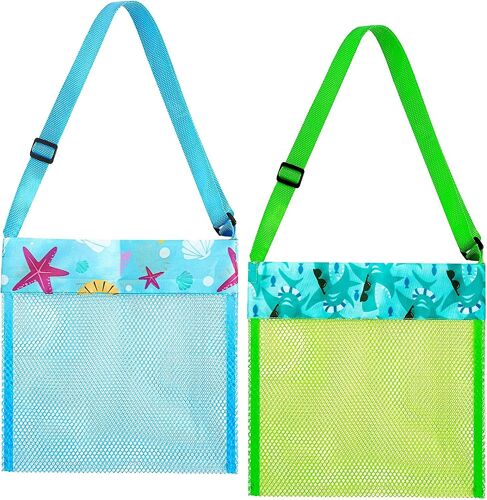 2 Pcs Beach Mesh Shell Bag, sacs de coquillage portables avec sacs de plage en maille réglable pour la collecte de coquillages, le stockage de fruits et légumes ou de jouets
