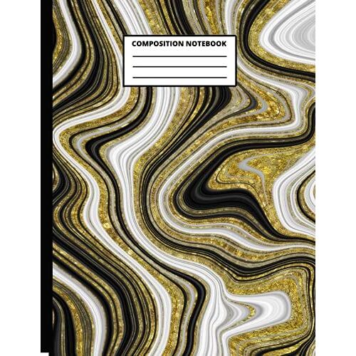 Composition Notebook: Wide Ruled Lined Paper Notebook Journal: Black And White And Gold Glitter Marble Effect Workbook For Girls Kids Teens Students For Back To School And Home College Writing Notes
