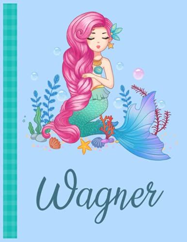 Wagner: Personalized Mermaid Handwriting Notebook Blue Color With Blue Name Large Size 8.5'' X 11'' X 115 Pages White Paper Blank Journal Gifts For Kids - Baby And Students