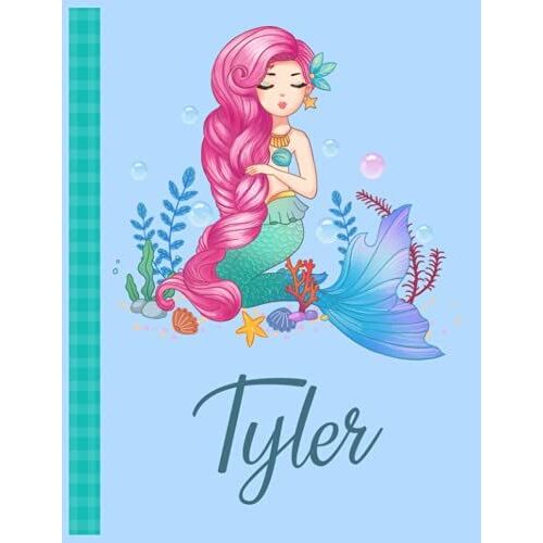 Tyler: Personalized Mermaid Handwriting Notebook Blue Color With Blue Name Large Size 8.5'' X 11'' X 115 Pages White Paper Blank Journal Gifts For Kids - Baby And Students