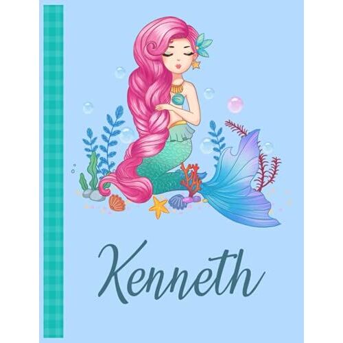 Kenneth: Personalized Mermaid Handwriting Notebook Blue Color With Blue Name Large Size 8.5'' X 11'' X 115 Pages White Paper Blank Journal Gifts For Kids - Baby And Students