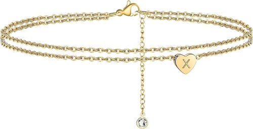 Turandoss Heart Initial Ankle Bracelets Pour Femmes, 14k Gold Filled Handmade Dainty Layered Anklet Letter Initial Heart Ankle Bracelets For Women Beach