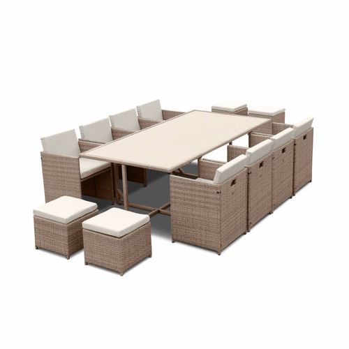 Salon De Jardin 8-12 Places - Vabo - Coloris Beige. Coussins Beige. Table Encastrable