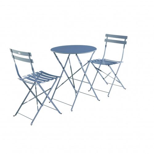 Salon De Jardin Bistrot Pliable - Emilia Rond Bleu Grisé - Table Ø60 Cm Avec Deux Chaises Pliantes