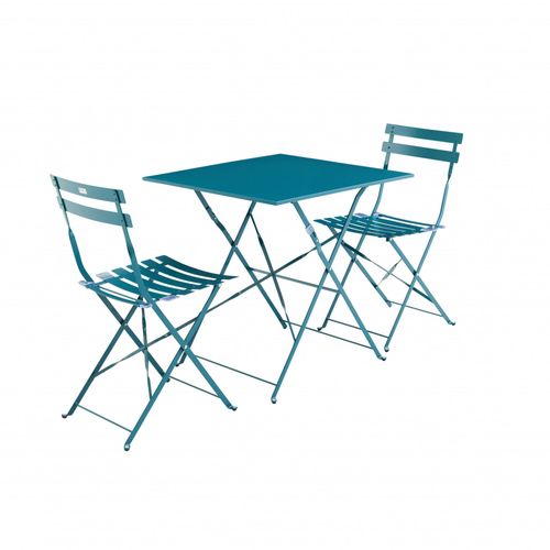 Salon De Jardin Bistrot Pliable - Emilia Carré Bleu Canard - Table Carrée 70x70 Cm Avec Deux Chaises