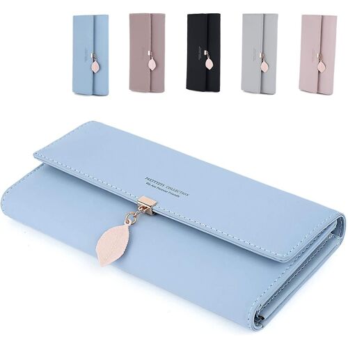 Sac à main pour dames, portefeuille pour femmes avec plusieurs fentes pour cartes, portefeuille long en cuir Pu avec porte-cartes pendentifs en feuilles Phone Pocket Zipper Coin Purse Bleu clair