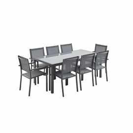Salon De Jardin En Aluminium Et Textilène - Capua 180cm - Anthracite Gris - 8 Places - 1 Grande Table Rectangulaire - 8 Fauteuils Empilables
