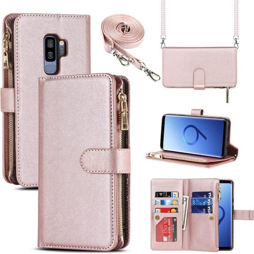 Coque Samsung S9 Plus Avec Cordon,Collier Flip Portefeuille Etui En Cuir,[9 Porte Cartes][Double Fermeture Magnetique],Clapet Housse Etui Rabat Pour Samsung Galaxy S9 Plus - Or Rose