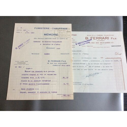 B. Ferrari - Fumisterie - Paris : 1 Lettre & 1 Mémoire Des Travaux, 1939/41