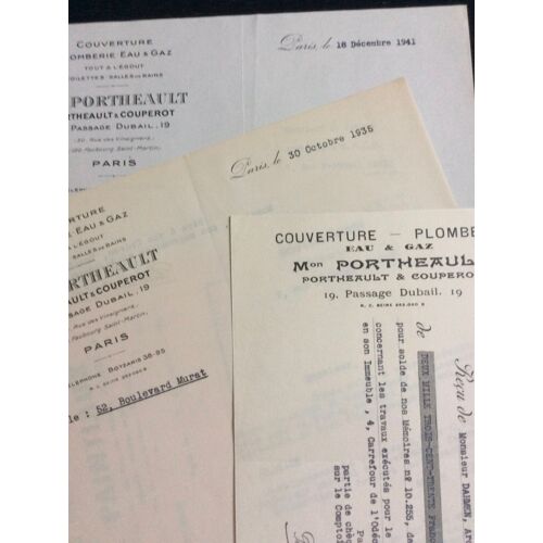 Maison Portheault - Couverture- Plomberie : 2 Lettres & 1 Reçu, 1935/1941
