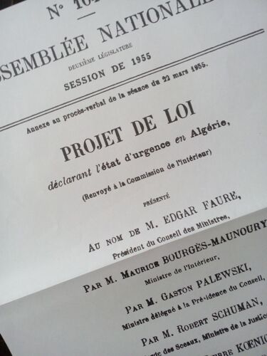 Fac-Similé De La Page De Garde Du Projet De Loi À L'assemblée Nationale N°10479 De Mars 1955 Déclarant L'état D'urgence En Algérie Présenté Par Edgar Faure Président Du Conseil