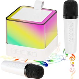 Hamiltion-Mini Machine Karaoké Pour Enfants Adultes Avec 2 Microphones Sans Fil Enceinte Portable Bluetooth Avec Lumières Led Lecteur De Musique Jouets Cadeaux D'Anniversaire (Blanc)
