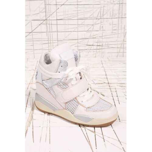 Ash - Funky Bis - Basket Haute À Semelle Compensée En Cuir Craquelé Verni Blanc Et Argent T38