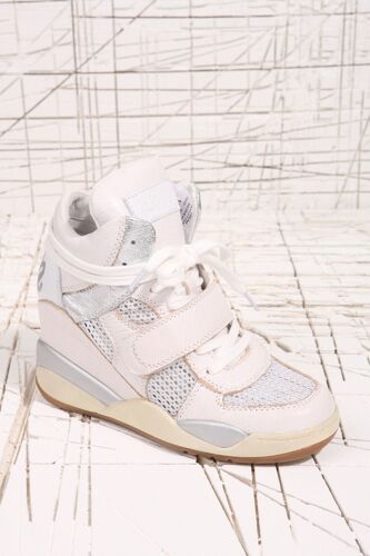 Ash - Funky Bis - Basket Haute À Semelle Compensée En Cuir Craquelé Verni Blanc Et Argent T38