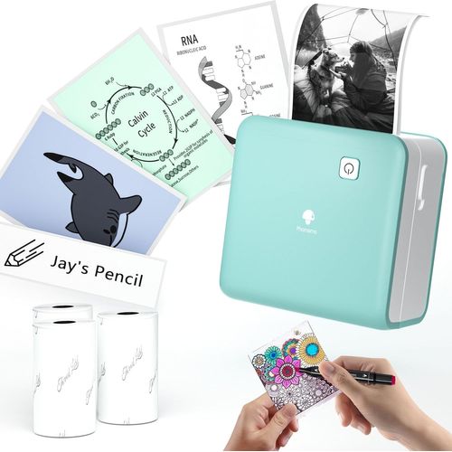 Hamiltion-M02 Pro Mini Imprimante Portable, 300 Dpi Imprimante Thermique De Poche Avec 3 Rouleaux De Papier, Imprimante Photo Imprimante D'Autocollants Compatible Avec Smartphone Et Tablette - Vert