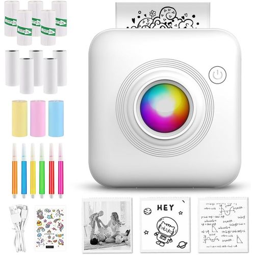 Hamiltion-Mini Imprimante Photo Portable Bluetooth Avec 13 Rouleaux De Papier D'Imprimante, 6 Crayons Couleur, 1 Autocollant, Mini Imprimante Photo Imprimante Thermique Pour Notes Mémo Étiquettes