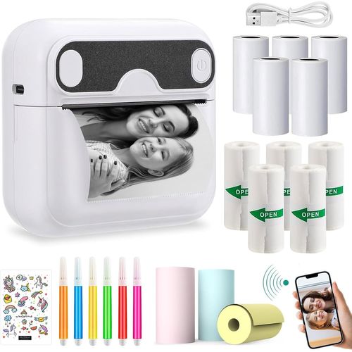 Hamiltion-Mini Imprimante Photo Portable Bluetooth, Imprimante Thermique Sans Fil Avec 13 Rouleaux De Papier D'Imprimante, 6 Crayons De Couleur Et 1 Autocollant, Mini Imprimante Pour Liste, Notes
