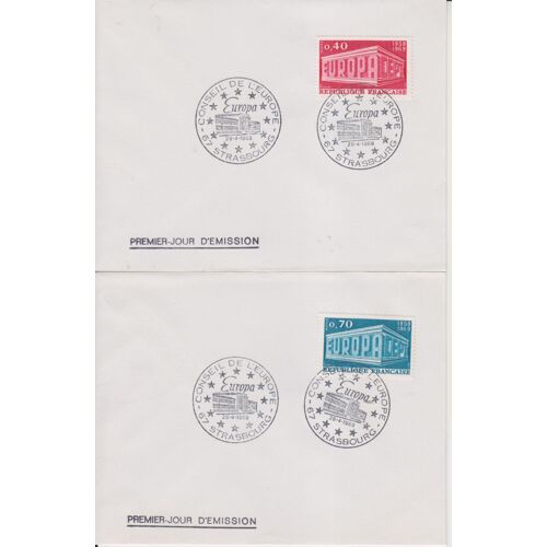 Lot De 2 Enveloppes Premier-Jour Du Timbre  Europa 1969,  (Yt 1598 Et 1599), Avec Cachets De Strasbourg 