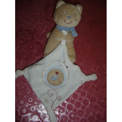 Doudou Chat Marron Avec Mouchoir Pommette