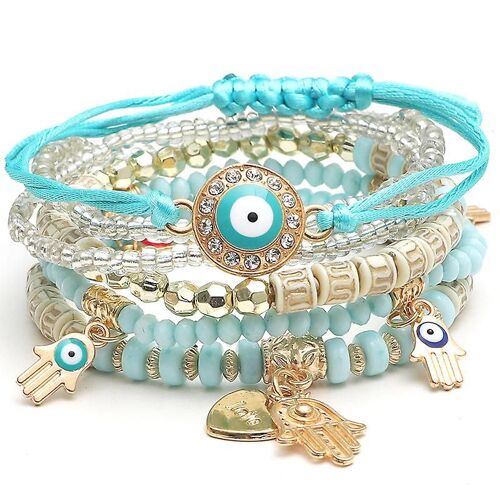 Vil Eye Bracelets Pack Cristal Bohème Bracelet Set De 4 Bracelets Mexicains Perles Pack Mixte Hamsa Protection Stretch Bracelets Bijoux Pour Femmes Tee
