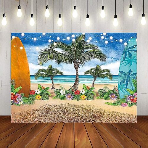 7x5ft Été Fleur tropicale Photographie Toile de fond Plage Bord de mer Île Palmiers Paillettes Scènes Photo Arrière-plan pour mariage Hawaii Pool Party Luau