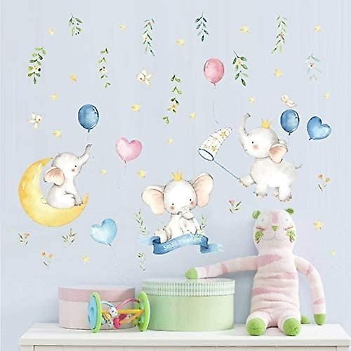 Bébé Éléphant Nursery Decor Pour Garçons Filles Décalcomanies Murales Avec Fleurs De Feuilles Vertes Oiseaux, Étoile À Cinq Branches, Ballons, 2 Feuilles Mignons Autocollants Muraux Pour Enfant