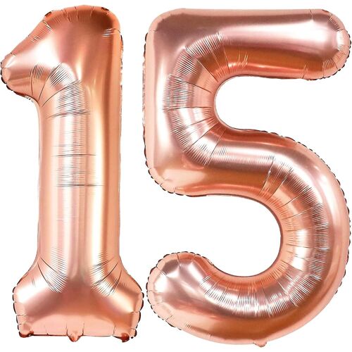 Ballon géant en or rose numéro 15 - 40 pouces | Rose Gold 15 ballons numéro de feuille pour les décorations du 15e anniversaire | Ballon d'anniversaire en or rose 15 pour 15t