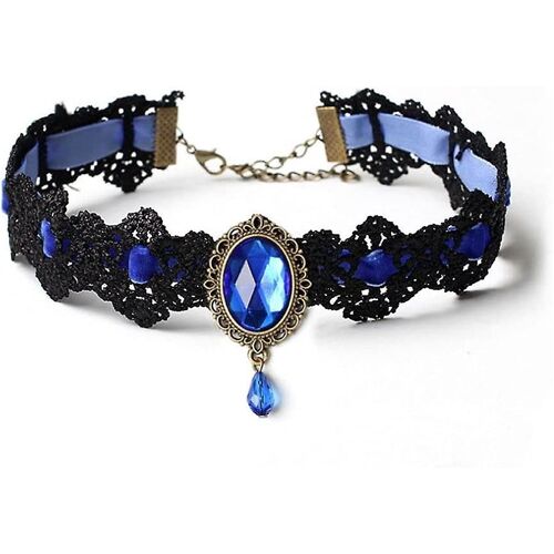 Retro Gothic Lace Choker Collier Élégant Sexy Dentelle Noire Choker Collier Chaîne De Clavicule Avec Strass Bijoux Victoriens Pour Femmes Filles (Bleu) (Amx2