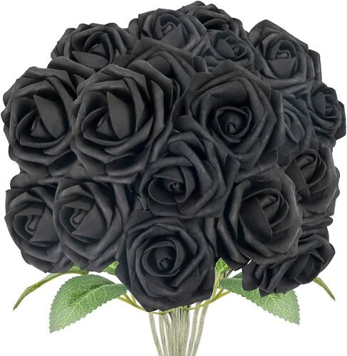 Heytea 30pcs Roses noires, fleurs noires fausses roses Single Stem Fausses fleurs pour bricolage bouquets de mariage Party Favor Home Decor, 3 Taille