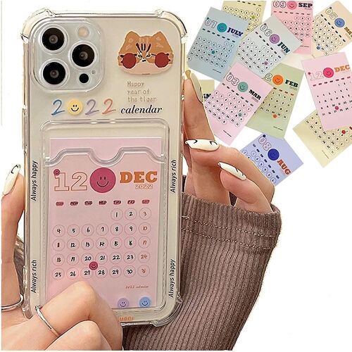 Heytea Case Compatible Avec Iphone 12 Pro Max, 2022 Carte De Calendrier Mignon Clear Design Smile Painted Case Avec Porte-Carte Soft Tpu Cover Pour Iphone 12 P