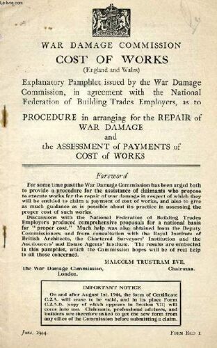 War Damage Commission, Cost Of Works (England And Wales)