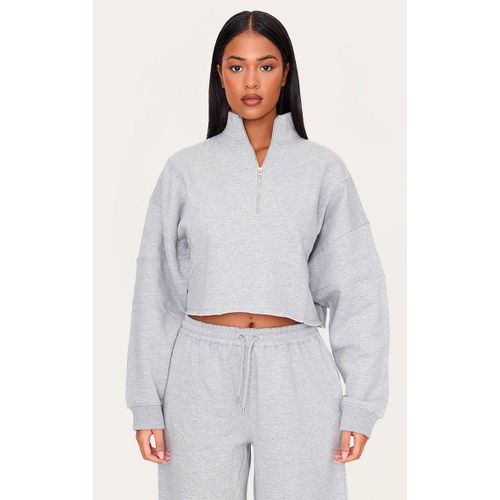 Tall Sweat court gris chiné à demi zip et coutures surjetées, Gris Chiné