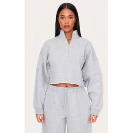 Tall Sweat court gris chiné à demi zip et coutures surjetées, Gris Chiné