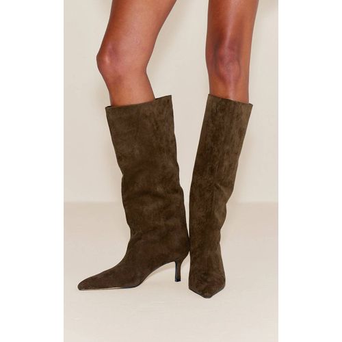 Bottes Hauteur Genou Olive En Suédine Bout Coupé Et Petit Talon Vert Olive