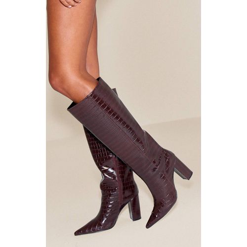 Bottes Montantes Talon Bloc Et Bout Pointu En Pu Façon Croco Chocolat. Chocolat