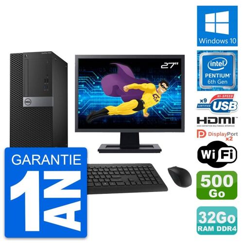 PC Tour Dell 7050 Ecran 27" G4400 RAM 32Go Disque Dur 500Go HDMI Windows 10 Wifi