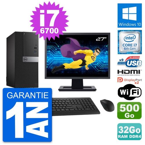 PC Tour Dell 7050 Ecran 27" i7-6700 RAM 32Go Disque 500Go HDMI Windows 10 Wifi